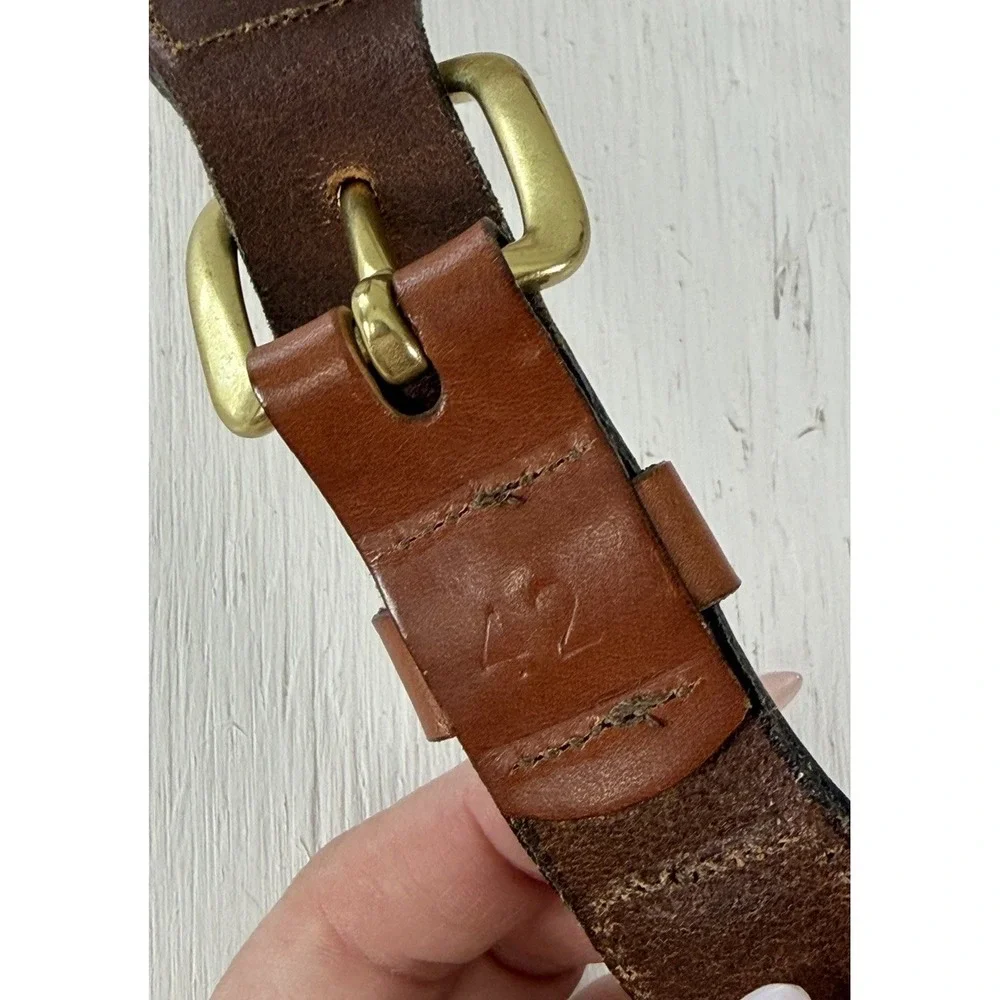 Leather Man Ltd. Leather & Canvas Belt Brown Tabs Brass FISH coastal Size 42